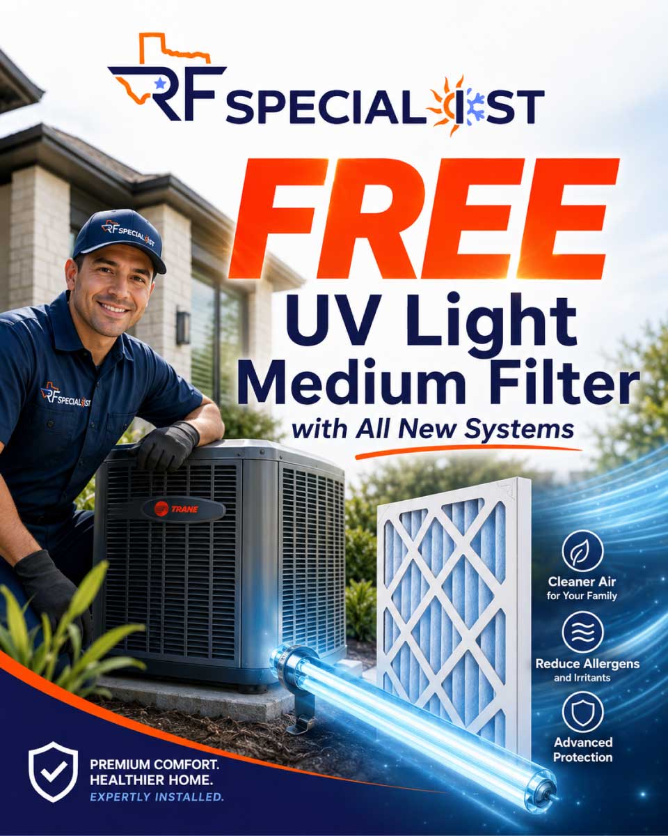 RF Specialist technician servicing a Trane air conditioning unit